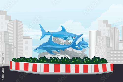 Vector illustration of Dolphin Mor in Cox’s Bazar, Bangladesh, featuring three blue dolphin sculptures on a rocky base surrounded by green bushes and red-white road barriers, set in an urban cityscape