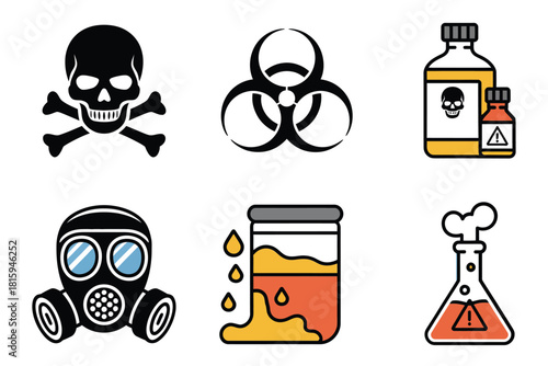 Chemical hazard icons, skull and crossbones, biohazard sign, poison bottle, gas mask, toxic beaker, laboratory safety vector