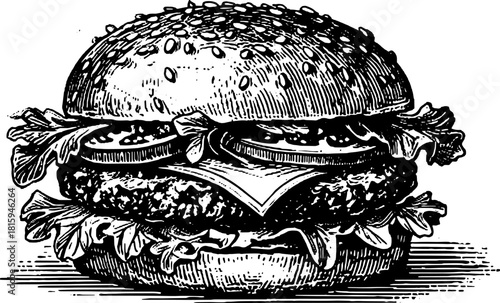 Burger with lettuce, tomato, cheese, and sesame bun in a black and white sketch style. Vintage vector illustration of classic fastfood.
