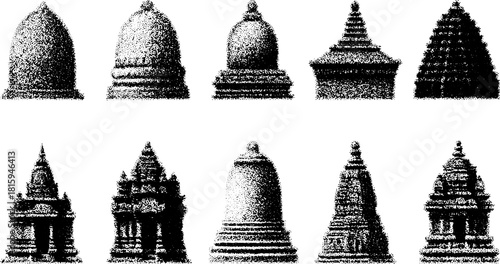 Illustration of a set of various temple structures, including stupas and monuments. Black and white vector design showcasing architectural shapes.