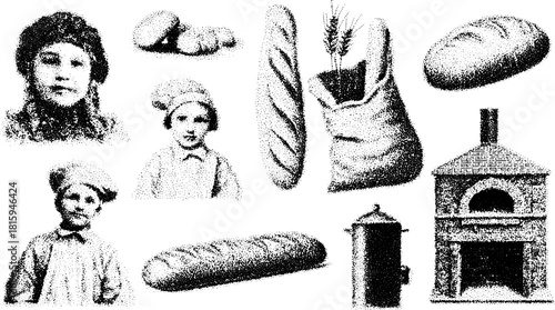 Vintage bakery illustration featuring children bakers and traditional bread. Includes wheat, ingredients, and equipment in a black and white vector set.