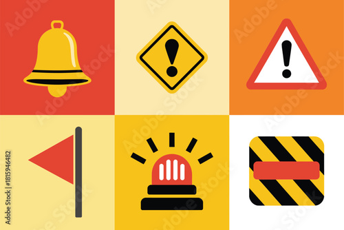 Alert symbols grid, golden bell, attention triangle, caution exclamation mark, direction flag, emergency beacon, hazard stripes, safety vector