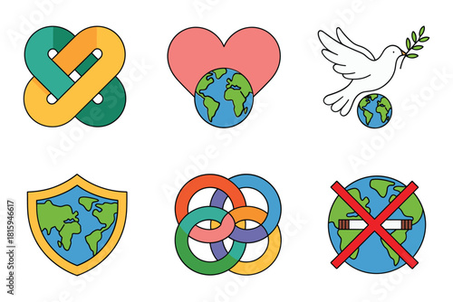 Peace and earth icons, unity knot, heart with earth, dove and olive, shielded globe, ban symbol, harmony vector