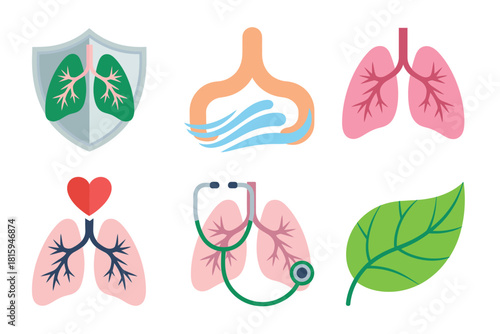 Respiratory wellness icons set, lung shield, nasal airflow diagram, paired lungs, heart with lungs, green leaf, healthcare vector