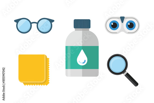 Optical care accessories icons, eyeglasses with round frames, contact lens solution bottle, microfiber cleaning cloth, magnifying glass