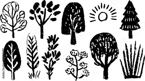 Trees and plants in a black and white vector illustration. Simple silhouettes in a set for ecological design.
