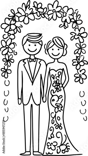 Wedding couple silhouette illustration with hand-drawn outline. Featuring flowers in an arch, this vector art captures a joyful moment of unity.