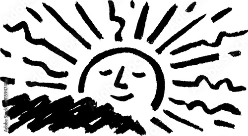 Abstract sun face in black and white. Simple graphic vector illustration with sketch lines and minimal design elements.