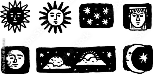 Sun and moon illustrations with faces and stars in black outline style. Hand-drawn vector illustration set featuring cosmic elements and simple shapes.