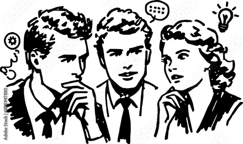 People engaged in a business discussion represented through symbols. A simple black and white vector illustration capturing communication in a corporate set.