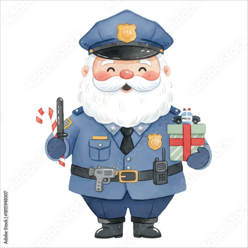Watercolor Santa Claus as police officer, Christmas vector art isolated on white background
