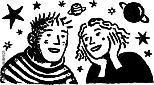 Couple gazing up at space with stars and planets. Simple black and white vector illustration conveying imagination and wonder.