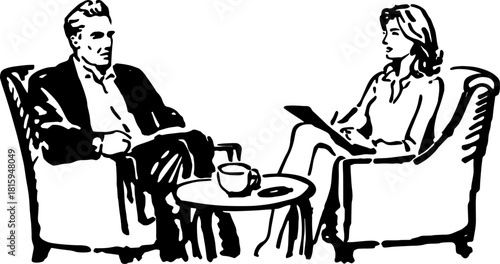 Conversation between two people sitting on a couch. Professional vector illustration with a table and coffee cup in a simple style.