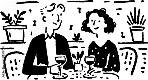 Couple sitting at a table with drinks in glasses. Simple cartoon vector illustration featuring indoor plants in a casual dining set.