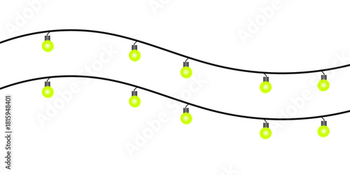Two wavy strings of glowing yellow-green party lights hanging against a plain white background.