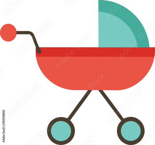 Red baby stroller with teal accents and dark brown frame