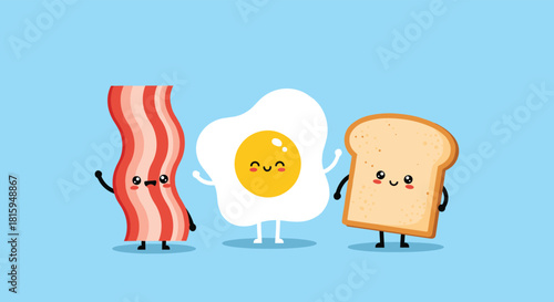 Adorable cartoon breakfast characters of a smiling egg, bacon, and toast holding hands together on a light blue background.
