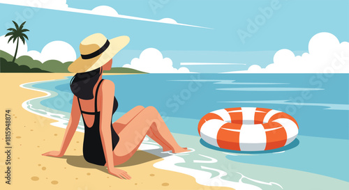 Woman in a black swimsuit and sun hat relaxing on a tropical sandy beach watching the calm ocean waves and a lifebuoy.