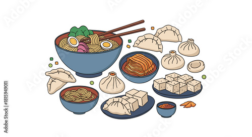 Delicious assortment of various traditional Asian food dishes including ramen, dumplings, kimchi, and tofu in a flat style.