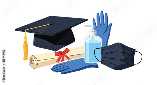 Concept of graduation during the pandemic with a cap, diploma, face mask, gloves, and hand sanitizer on a white background.