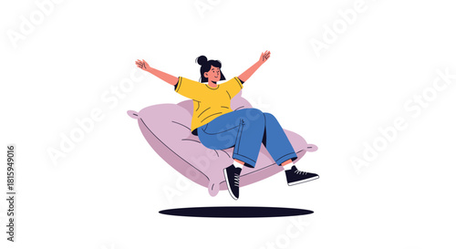 Happy young woman with arms outstretched joyfully jumping and floating on a large purple pillow, isolated on white background.