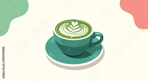 Delicious cup of green matcha latte with beautiful foam art on a saucer against a soft, abstract pastel color background.