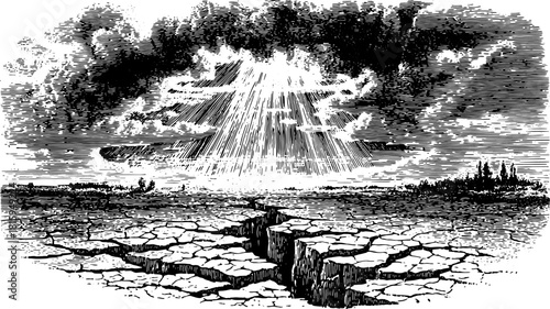 Antique engraving depicting a landscape with a crack in the dry earth under rays of light through clouds. Vintage vector illustration.