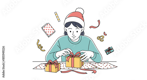 A cheerful young woman wearing a Santa hat is busy wrapping Christmas presents with decorative paper and red ribbons.