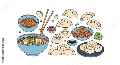 Hand-drawn doodle style collection of delicious Asian food dishes like ramen, gyoza dumplings, kimchi, and fresh tofu.