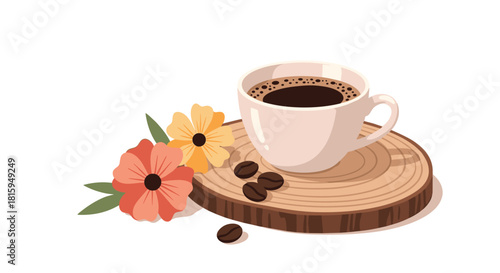Cozy illustration of a cup of hot black coffee on a wooden slice coaster, decorated with flowers and roasted coffee beans.