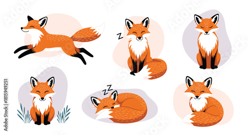 Collection of six adorable cartoon red foxes in different cute poses, including running, sitting, and sleeping peacefully.