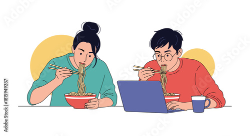 Young man and woman eating ramen noodles from bowls with chopsticks while the man works on a laptop at the same time.