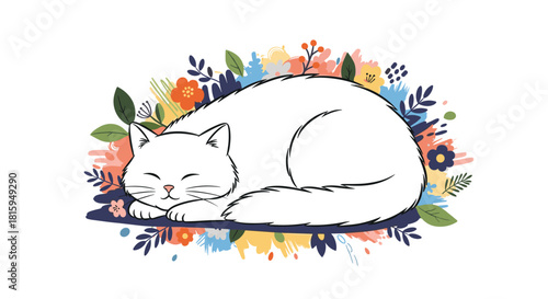 A cute white cat is sleeping peacefully on a bed of beautiful, colorful abstract flowers and leaves on a white background.