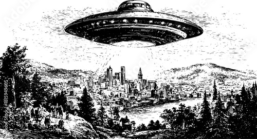 Vintage ufo illustration over a city landscape. Hand-drawn engraving set with silhouette details in black.