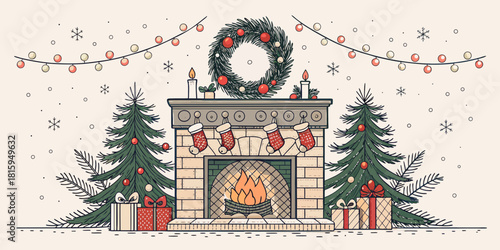 vintage christmas card with fireplace and ornaments