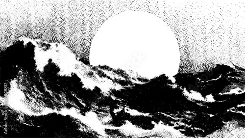 Ocean waves and sun depicted as an engraving. This black and white vector illustration features a hand-drawn outline with stipple details, forming a scenic set.