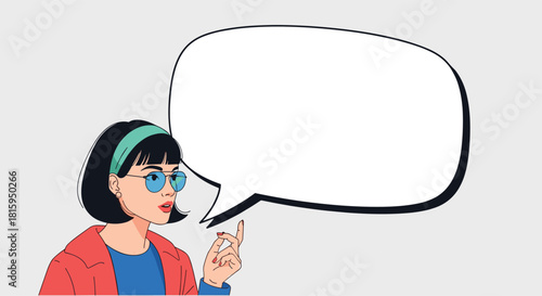 A pop art illustration of a stylish woman with short black hair sunglasses and a headband pointing with a large blank speech bubble.