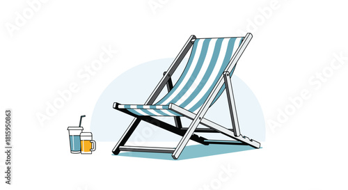 A relaxing vector illustration of a striped deck chair with two cold drinks beside it perfect for summer vacation and beach themes.