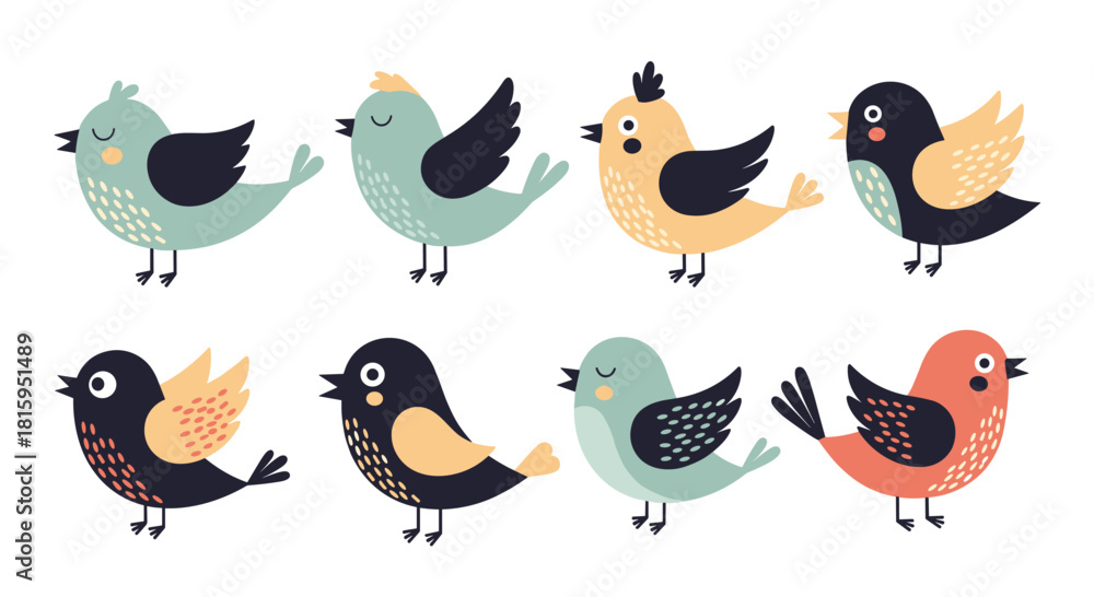 Obraz premium A charming set of eight cute and colorful cartoon birds in a simple Scandinavian folk art style isolated on a white background.