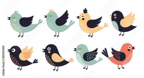 A charming set of eight cute and colorful cartoon birds in a simple Scandinavian folk art style isolated on a white background.