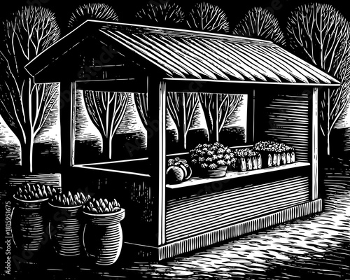 A black and white illustration of a market stall in the woods