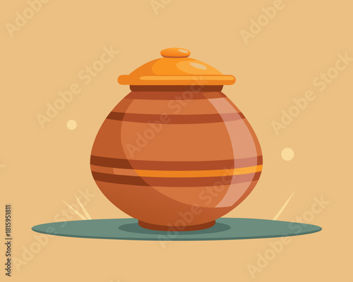 Brown clay pot with lid sitting on a blue mat in a studio