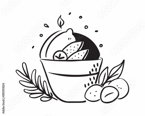 Bowl of lemons and herbs isolated on