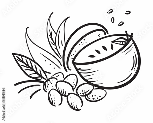 Coconut with leaves and nuts isolated on