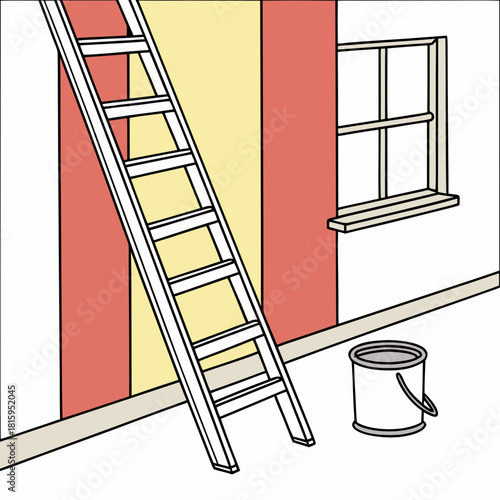 Illustration of a ladder, window, and paint bucket on