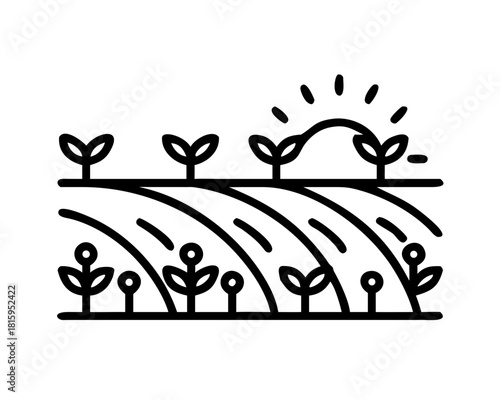 Sprout field with sun rising over the horizon isolated on