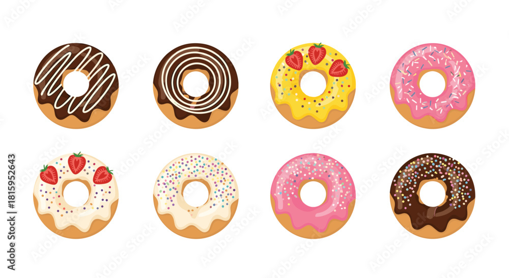 Fototapeta premium A delicious set of eight glazed donuts with various toppings like chocolate sprinkles and strawberries isolated on a white background.