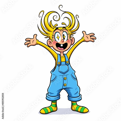 A cheerful cartoon boy with wild yellow hair, blue overalls, and striped socks, arms open wide with stars in his eyes.