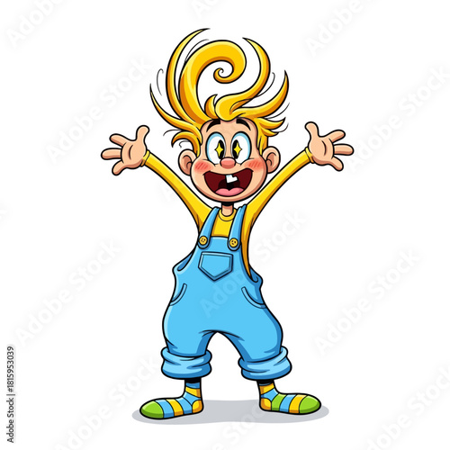 Cartoon boy with wild blonde hair, big smile, and outstretched arms wearing blue overalls and striped socks, expressing joy.