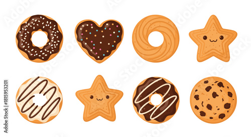 A sweet collection of eight assorted cookies and biscuits including chocolate chip and star-shaped treats with cute kawaii faces.